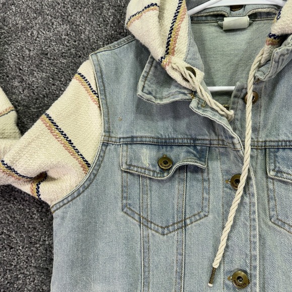 Billabong Jacket Womens Medium Blue Denim Hooded Striped Sleeves Boho Casual - Picture 8 of 14